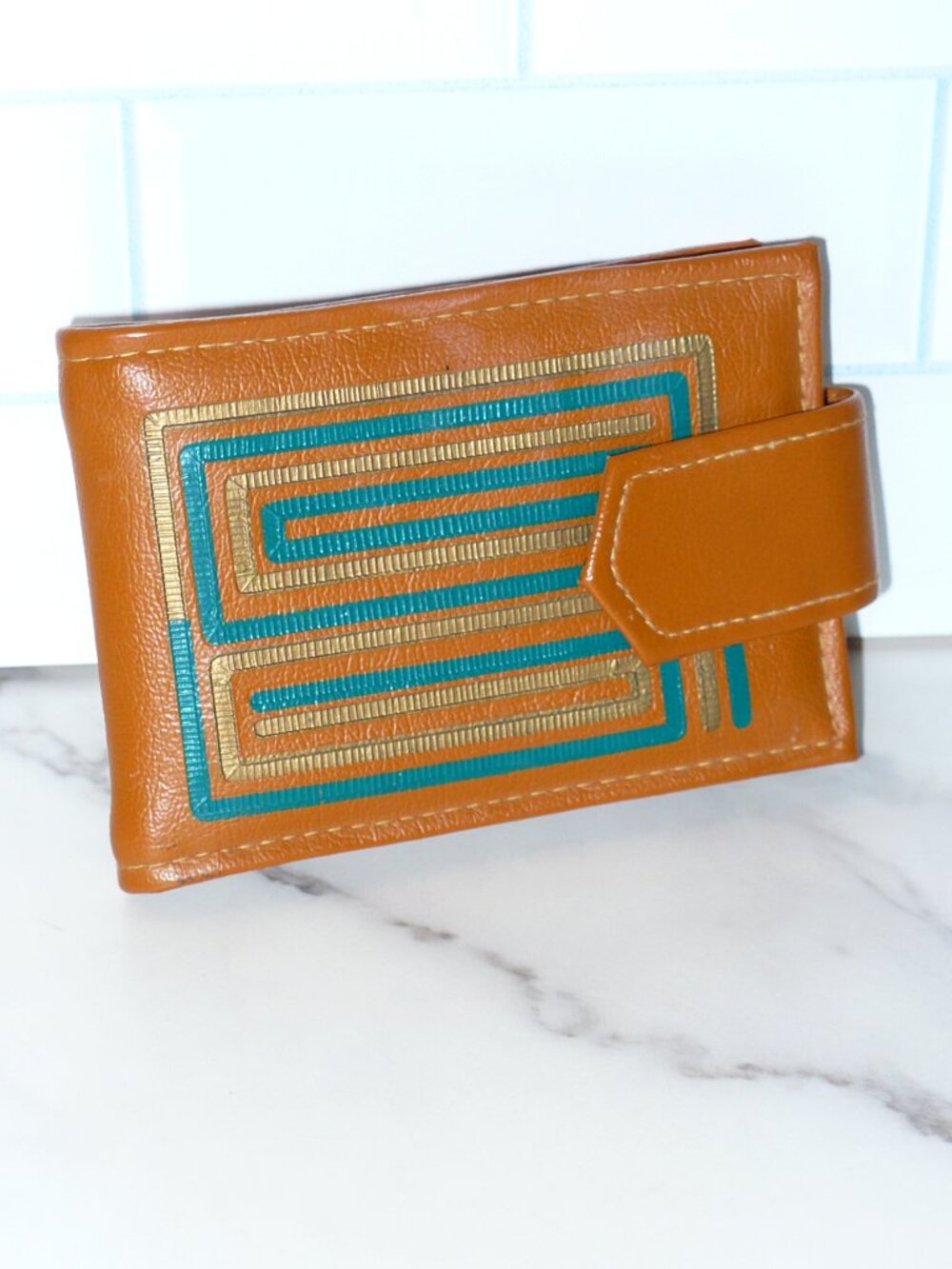 Vintage 1970's Brown Vinyl Billfold Pocket Wallet Green and Gold Design